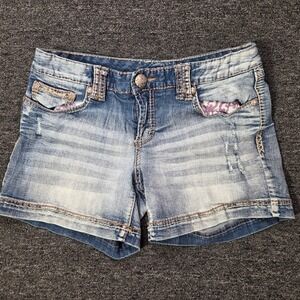 Maurices Denim Short Junior 7 8 Light Wash Distressed Embroidered Y2K Summer